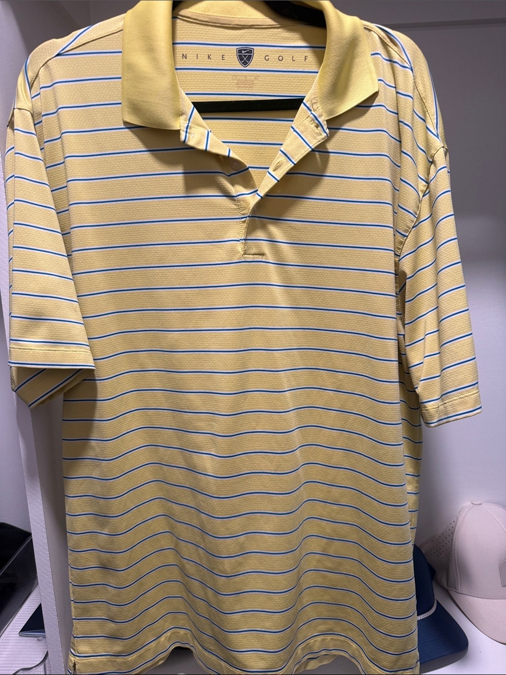 Nike Men’s Yellow Polo with Thin Blue & White Stripes